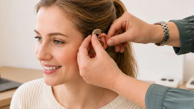 An audiologist fitting a hearing aid behind a smiling woman’s ear.