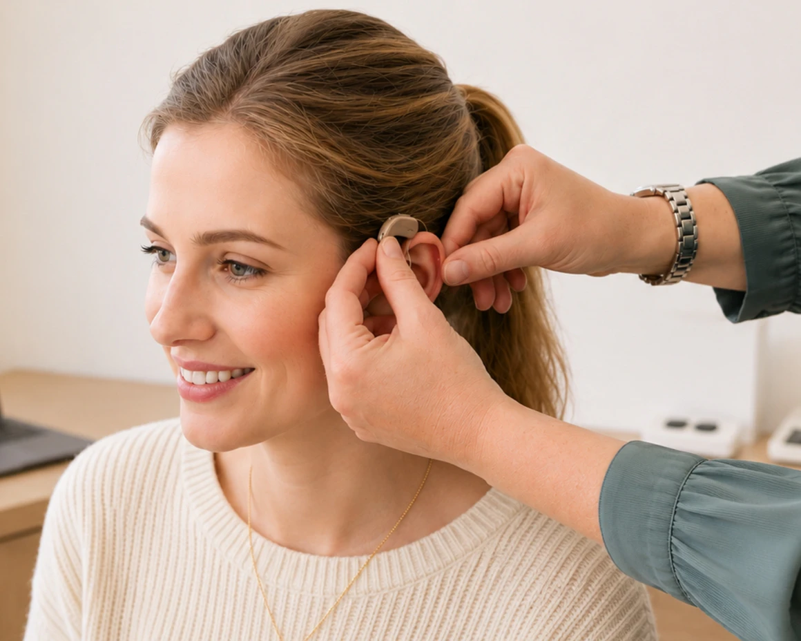 An audiologist fitting a hearing aid in a patient's ear.