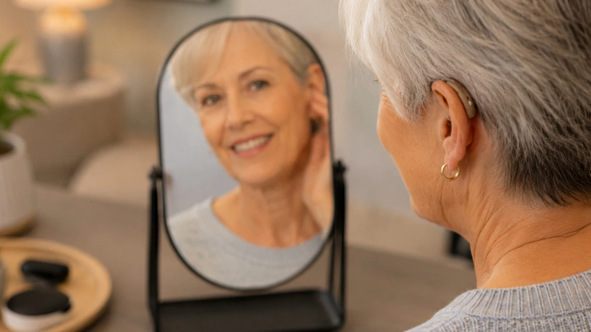 A woman wearing a hearing aid and looking herself in a miror.