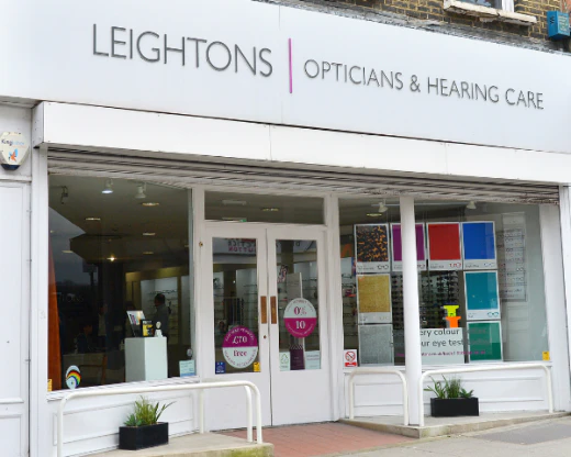 Leightons Opticians & Hearing Care, outside the practice on a high street