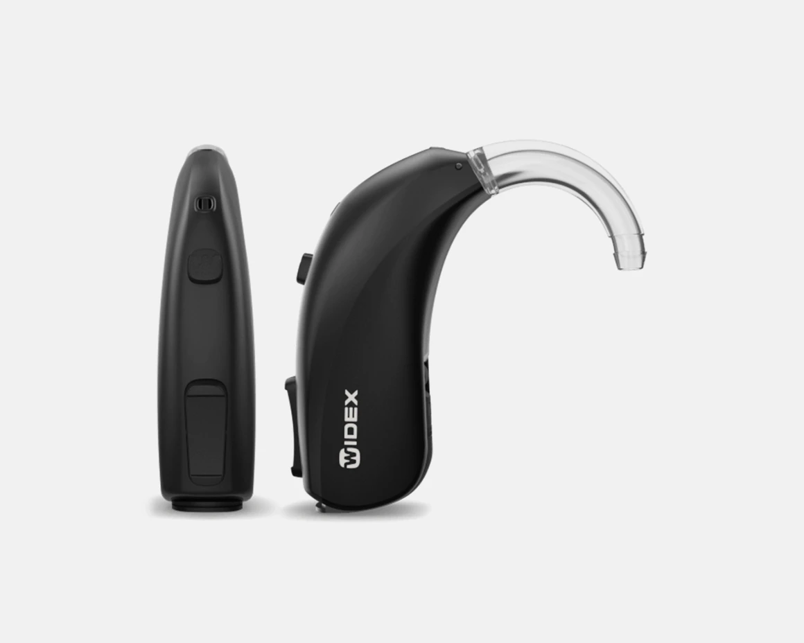 Black hearing aids, Widex brand.